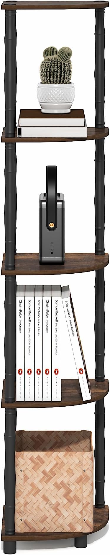 Furinno Turn-N-Tube Storage Shelves, 5-Tier Corner Book Shelf, Standing Corner Shelf, Toolless Open Shelves, Classic Tubes, for Organization and Storage, Living Room, Home Office, Amber Pine