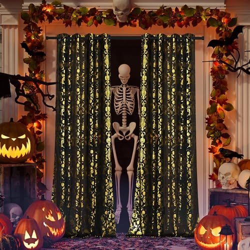 NICETOWN Halloween Curtains Decor Black Sheer Curtains 96 Inches Long for Indoor & Outdoor, 52" Wide Scary Creepy Skull Skeleton Drapres Grommet for Halloween Party, Living Room, Kitchen, 2 Panels