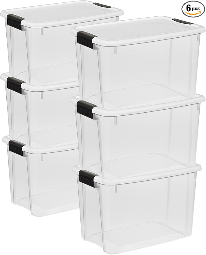 Sterilite Ultra Latch Box with Lids for Home and Office, 30 Quart, 6-Pack | Heavy-Duty and Stackable Plastic Containers with Latches for Closet, Cabinet, Bedroom, Bathroom and Dorm Room Organization
