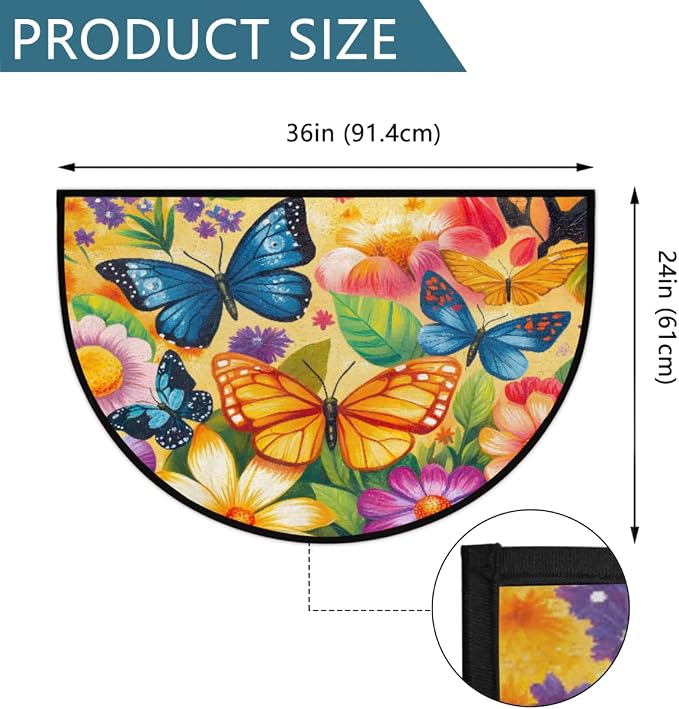 Butterfly Half Round Doormat Non-Slip Semi Circle Rug Half Moon Mat | Color Flowers Washable Soft Absorbent Indoor Outdoor Entrance Kitchen Bathroom Sink Patio Welcome Fireplace Floor Rug