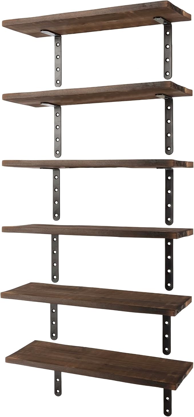 Lavish Home Floating Shelves - Set of 6 Shelves for Living Room, Kitchen, Bedroom, or Bathroom Decor - Wood Floating Shelves for Wall - Farmhouse Wall Décor (Rustic Brown)