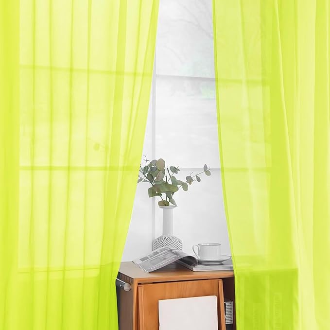 youleyar Solid Sheer Rod Pocket Curtain Voile Draperies 2 Panels White Beige Black Grey Ivory 52 Inch Width 84 Inch Long 1 Pair for Kitchen Bedroom Children Living Room Yard (Chartreuse,52Wｘ84L)
