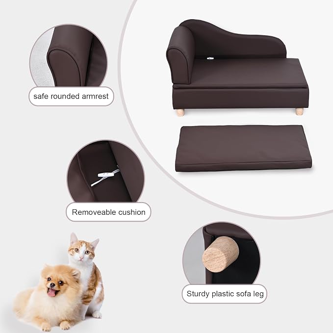 PU Leather Dog Sofa and Chair with Storage - Wooden Frame Cat Sofa Couch with Cushion,Small Pet Bed Sofa for Puppy and Cats (Brown)