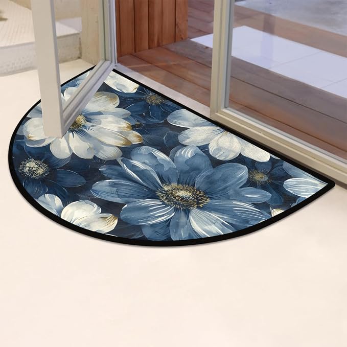 Flower Blue Half Round Door Mat Non Slip Half Circle Rugs | White Abstract Washable Half Moon Rug Semi Circle Rugs Indoor Entrance Floor Carpet for Kithen Bedroom Fireplace Decor