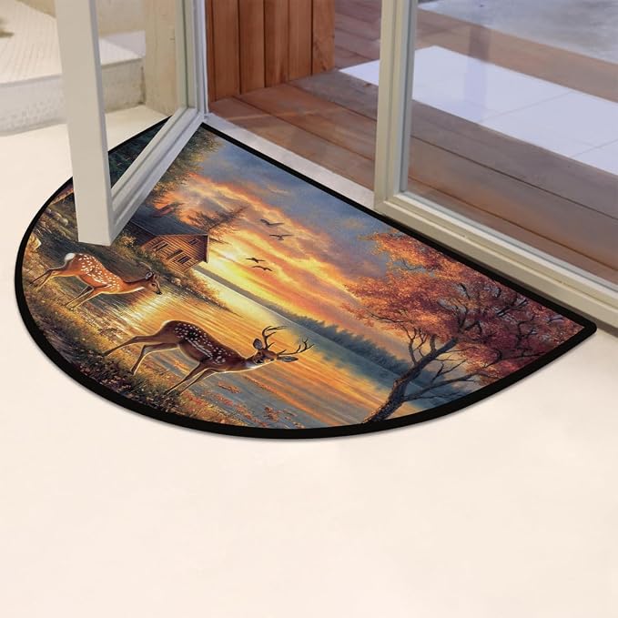 cfpolar Half Round Door Mat Animals Forest Deer Autumn Non-Slip Semi Circle Area Rug Washable Half Moon Hearth Rugs for Indoor Outdoor Bathroom Kitche