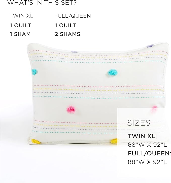 Lush Decor Rainbow Pom Pom and Stripes Quilt Set, 3 Piece Set, Full/Queen, White & Rainbow - Fun & Colorful Kids Bedding Set - Rainbow Quilt for Teen Dorm Decor - Striped Quilt - Girls Bedroom Decor