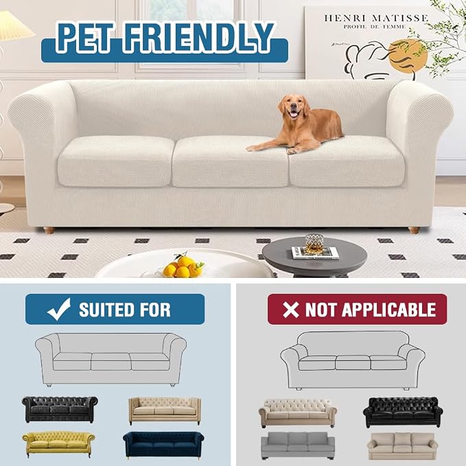 H.VERSAILTEX 4 Piece Stretch Chesterfield Sofa Slipcovers for 3 Seat Cushion Couch Mid Century Deep Seat Sofa Covers (Base Cover Plus 3 Seat Cushion Covers) Thicker Jacquard Fabric (Large Sofa, Ivory)