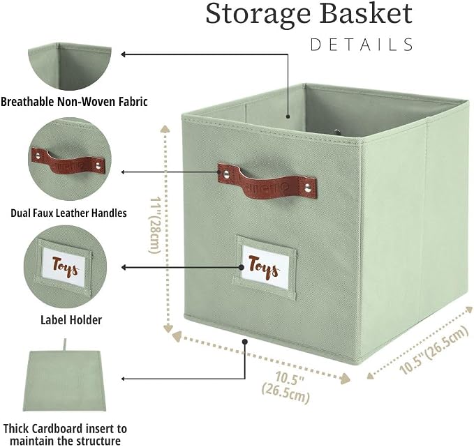 DECOMOMO Storage Bins, Cube Storage Bin with Labels | 10.5" x 11" Fabric Storage Cubes for Shelves (6pcs, Sage Green)