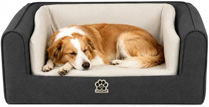 2-in-1 Human & Pet Shared Sofa, Modern Elevated Dog Bed, Two-Tone Grey Cream Indoor Pet Furniture(Grey+Beige)
