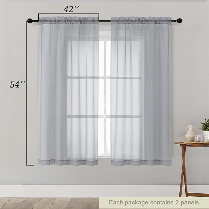 Sheer Light Grey Curtains for Bedroom Living Room 54 Inch Length 2 Panels Set - Image 2