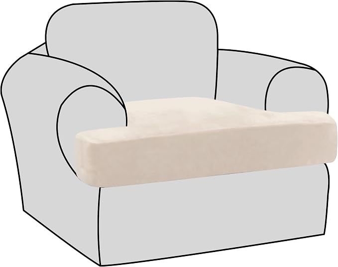 H.VERSAILTEX Stretch Velvet T Cushion Chair Covers for Living Room Armchair Sofa Cover Couch Cover Slipcover T Cushion Seat Cover Stay with Elastic Bands (Armchair, Cream)