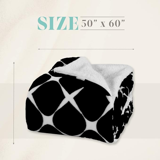 Elegant Comfort Throw Blanket, Reversible Sherpa Flannel, Ultra-Soft, Fuzzy, Cozy and Plush- All Season Lightweight Decorative Throw, 50 x 60 inches, Ogee Pattern Sherpa Throw, Black