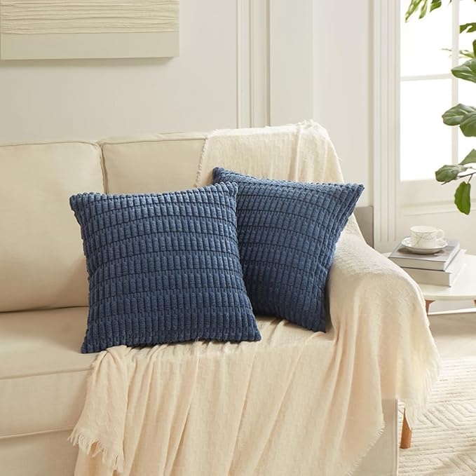 Fancy Homi 4 Packs Dusty Blue Decorative Throw Pillow Covers 22x22 Inch for Living Room Couch Bed Sofa, Rustic Farmhouse Boho Home Decor, Soft Plush Striped Corduroy Square Cushion Case 55x55 cm