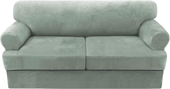 H.VERSAILTEX Sofa Cover 3 Piece T Cushion Loveseat Slipcovers Thick Velvet Couch Cover Stretch T Cushion Sofa Covers for 2 Cushion Couch with 2 Individual T Cushion Covers Washable, Sea Grass