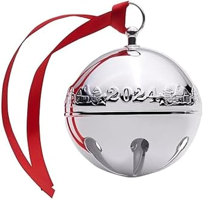 Wallace 2024 Annual Silver-Plated Sleigh Bell Ornament 54th Edition - Snowmen and Log Cabins Design - Handcrafted Collectible with Gift Box, Ribbon, and Velvet Pouch