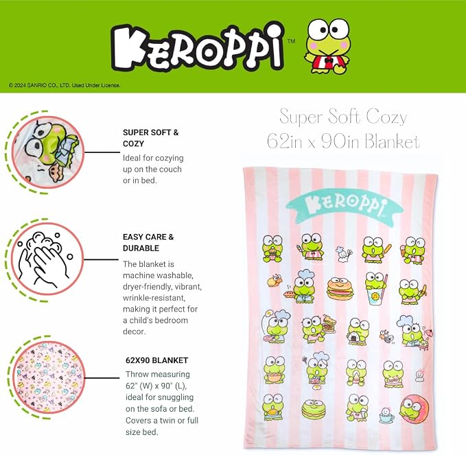 Collectibles Keroppi Foodie Bedding Super Soft Cozy Blanket, 62 in x 90 in, (Officially Licensed Product) by Franco