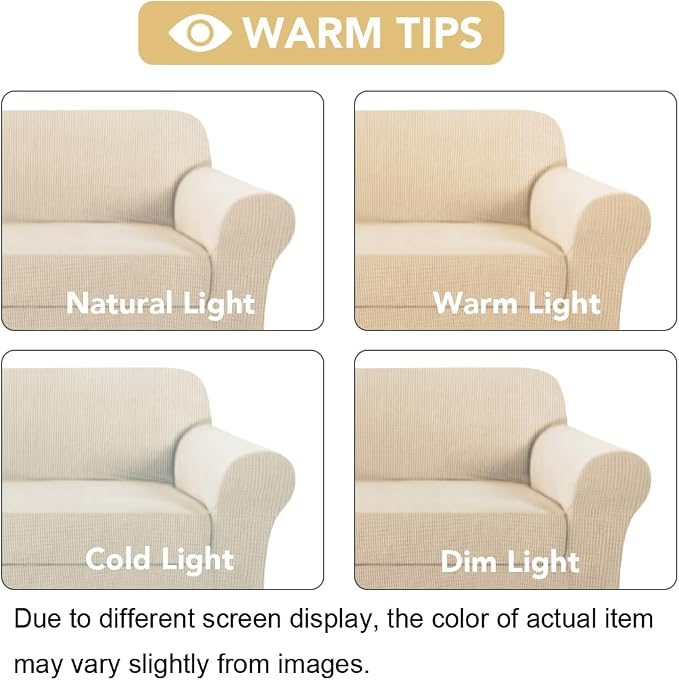 H.VERSAILTEX Stretch Armchair Cover 2 Piece Chair Covers for Living Room Furniture Cover Suit for T Cushion/Box Cushion, Spandex Jacquard Fabric Small Checks(Armchair-Standard, Natural)