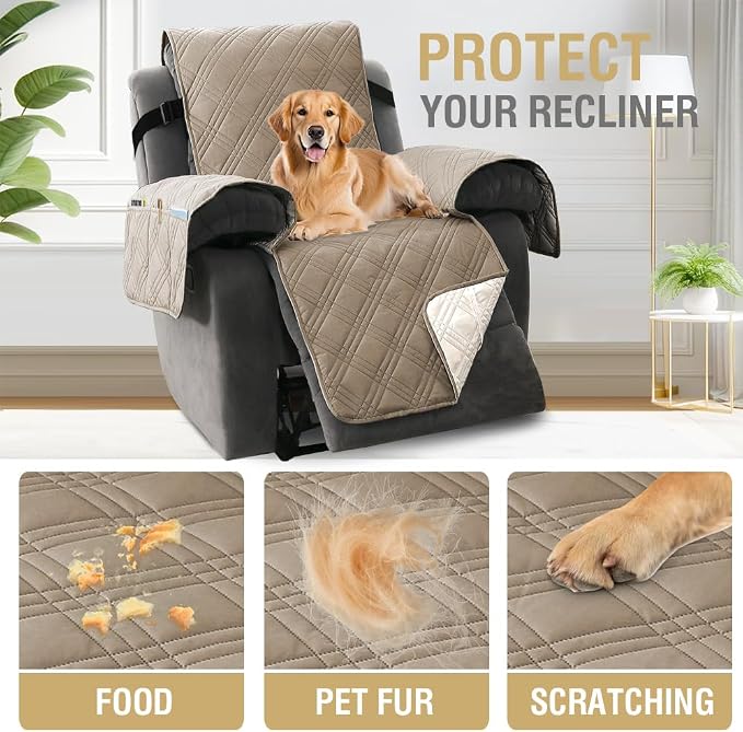 H.VERSAILTEX 100% Waterproof Cover for Recliner Chair 1-Piece Reversible Recliner Covers for Large Recliner with Elastic Straps Sitting Width Up to 28" (Oversized Recliner, Taupe/Beige)