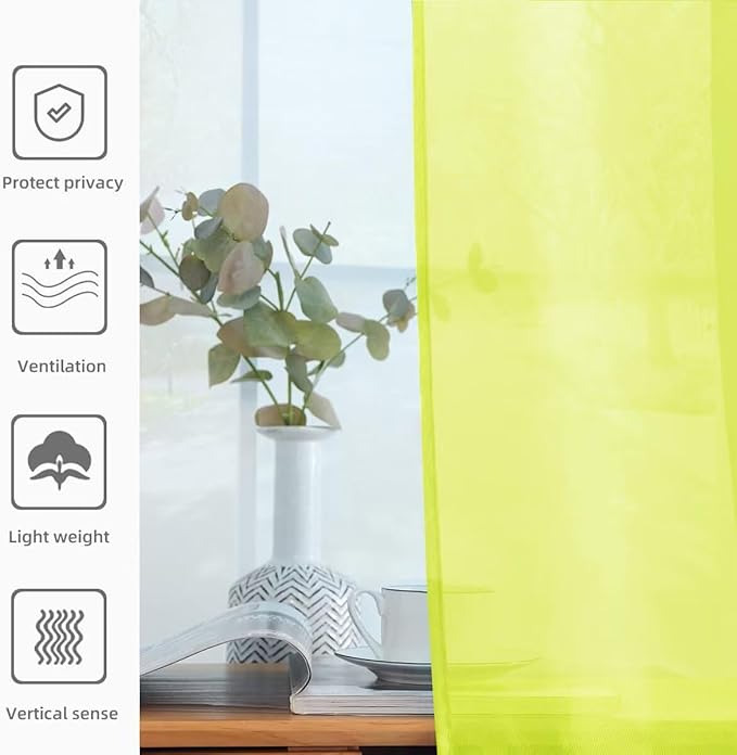 youleyar Solid Sheer Rod Pocket Curtain Voile Draperies 2 Panels White Beige Black Grey Ivory 52 Inch Width 84 Inch Long 1 Pair for Kitchen Bedroom Children Living Room Yard (Chartreuse,52Wｘ84L)