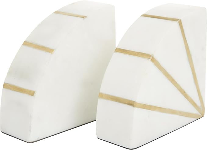 CosmoLiving by Cosmopolitan Marble Geometric Decorative Bookends 9 lbs Non Skid Bookends with Gold Inlay, Set of 2 Office Bookends5"W, 5"H, White