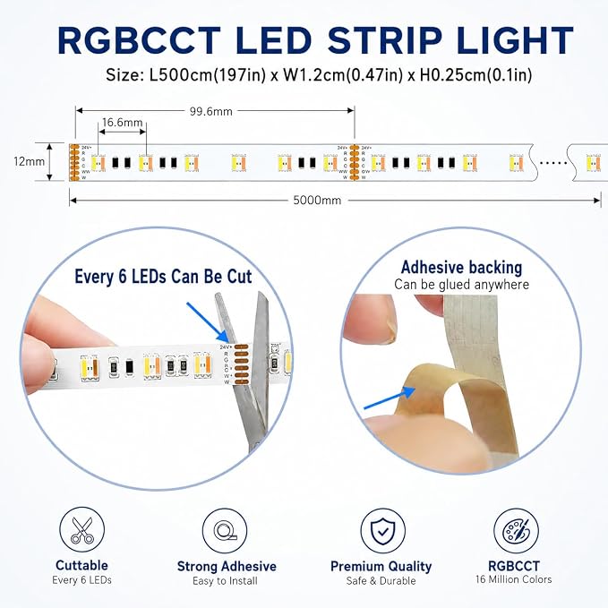 24VDC RGB+CCT 5 Chips in 1 Super Bright LEDs Flexible LED Strip Lights, High CRI 85 Color Changing+Tunable White Non-Waterproof 5050 RGBWW LED Tape Lights, 300LEDs 16.4feet Roll for Home Lighting
