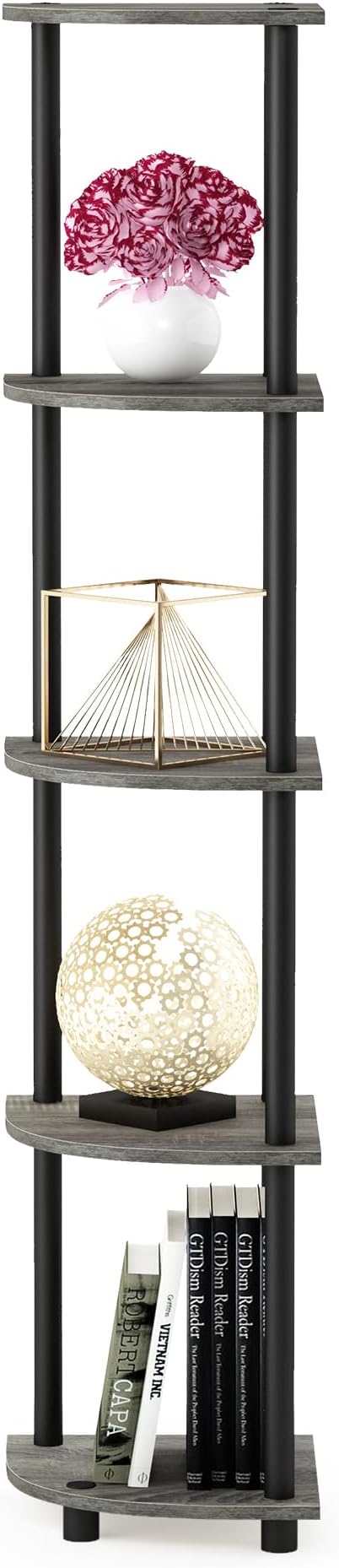 Furinno TURN-N-TUBE Corner Shelf, 5-Tier Corner Bookshelf, Open Storage Shelves, for Organization and Storage, Living Room, Home Office, Garage, Bedroom, French Oak
