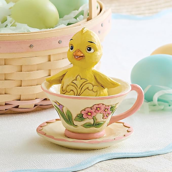 Enesco Jim Shore Heartwood Creek Easter Chick in a Teacup Miniature Figurine- Stone Resin Hand Crafted Collectible Mini Figurines Easter Home Decor Statue, 3.54 Inch