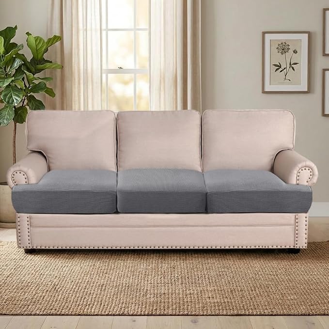 H.VERSAILTEX Stretch 3 Piece T Cushion Sofa Slipcovers Individually Sofa Cushion Covers for 3 Cushion Couch Sofa Seat Cushion Covers with Elastic Bands Featuring Thicker Jacquard Fabric, Dove