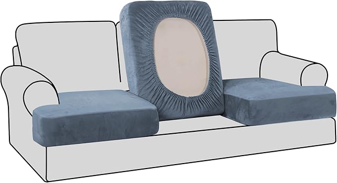 H.VERSAILTEX Stretch Velvet 3 Piece T Cushion Slipcovers - Individually Fitting Sofa Cushion Covers for 3 Cushion Couch - Stay in Place (Stone Blue)