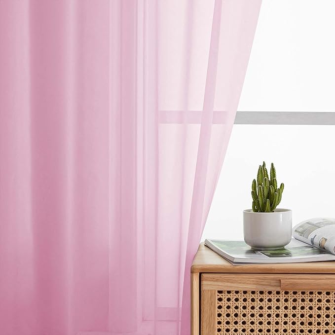 Cafe Curtains 36 Inch Length Tier 2 Pieces, Modern Soft Airy Sheer Kitchen Short Curtains for Small Window, Rod Pocket Small Curtain for Bathroom Basement, Pink, Each, 42" Wx36 L Inches