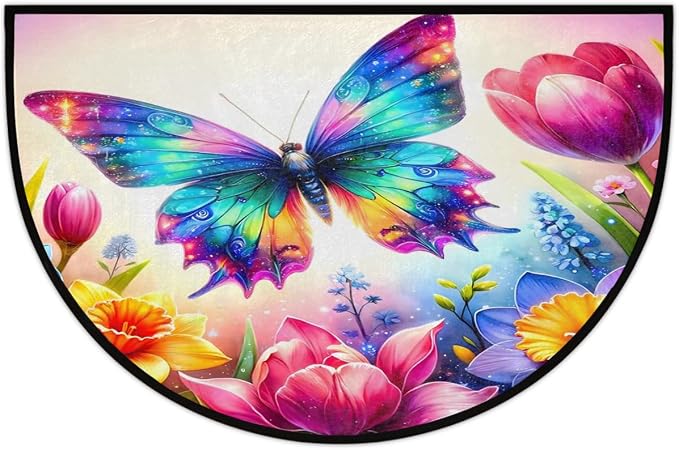 Butterfly Half Round Door Mat Non-Slip Semi Circle Rug Half Moon Doormat | Rainbow Butterfly Soft Washable Welcome Entrance Mat for Outdoor Indoor Floor Bedroom Bathroom Home Kitchen Festival Decor