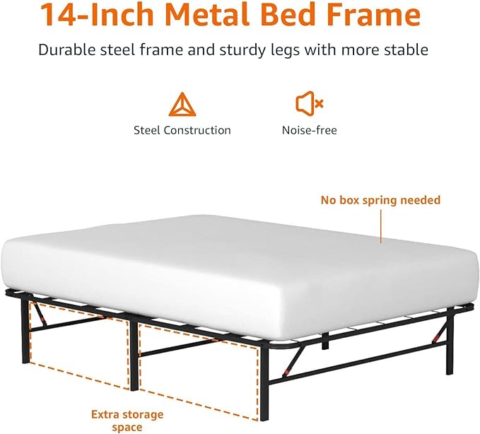 Amazon Basics Bed Frame with Ample Underbed Storage, Foldable Metal Platform, Sturdy Steel, No Box Spring Needed, 14 inches High, Noise-Free Support, Easy Assembly Tool-Free Setup, Full Size, Black