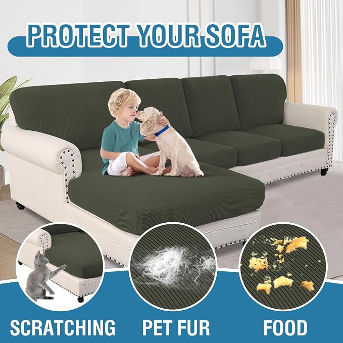 H.VERSAILTEX Sectional Couch Covers 4 Pieces Sofa Seat Cushion Covers L Shape Separate Cushion Couch Chaise Cover for Both Left/Right Sectional Couch (Seat Only: 1 Chaise + 3 Sofa, Olive)