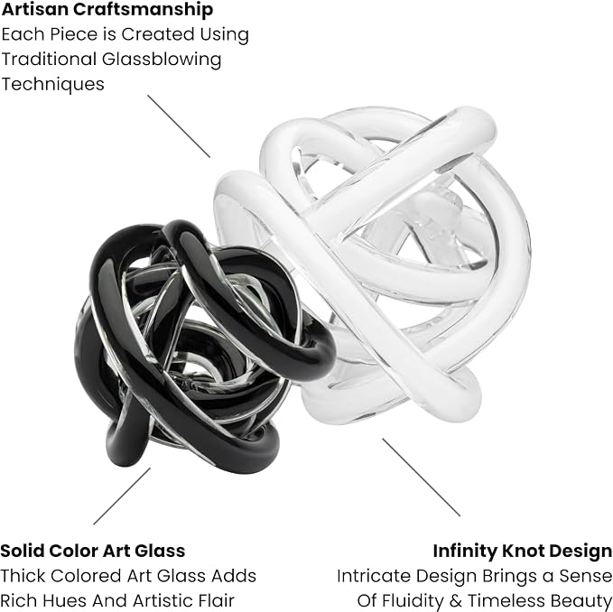 Torre & Tagus Orbit Hand Blown Glass Infinity Knot Sculpture - 4.5 Inch Glass Art White Knot Decor Ball for Home Decor, Small Centerpiece Table Decoration for Home Interior (Solid White)