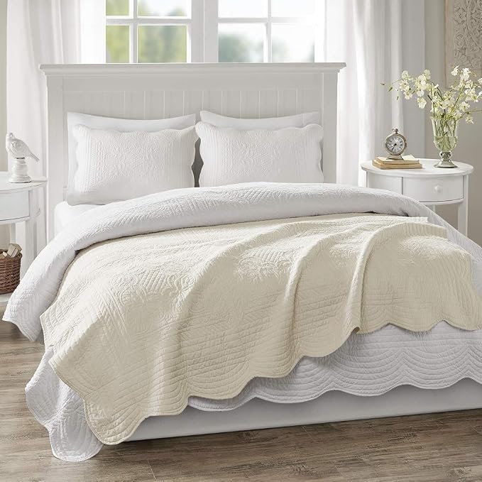 Madison Park Luxe Damask Stitching Throw Blanket, 60"x72" | Cotton Filled Spread, Ultra Soft, Cozy Bedding for Living Room Couch, Sofa, Bed, Scalloped Borders, Cream