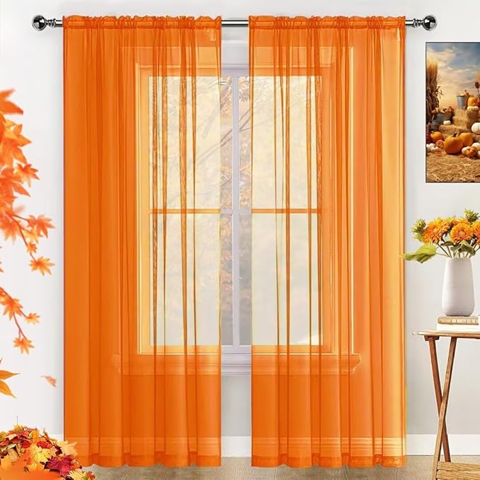 SpaceDresser Basic Rod Pocket Sheer Voile Window Curtain Panels White 1 Pair 2 Panels 70 Width 108 Inch Long for Kitchen Bedroom Children Living Room Yard(Orange,70 W x 108 L)