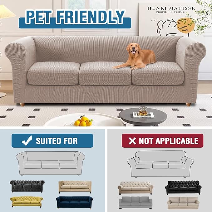 H.VERSAILTEX 4 Piece Stretch Chesterfield Sofa Slipcovers Mid Century Deep Seat Sofa Covers Washable (Base Cover Plus 3 Seat Cushion Covers) Thicker Jacquard Fabric (Large Sofa, Sand)