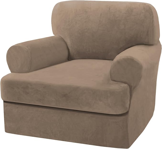 H.VERSAILTEX Sofa Cover 2 Piece T Cushion Armchair Slipcovers Thick Velvet Couch Cover Furniture Protector Stretch T Cushion Sofa Covers for 1 Cushion Couch with 1 Individual T Cushion Covers, Camel