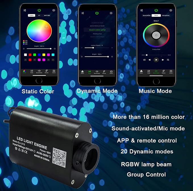 AZIMOM 16W Sound Activate Starlight Headliner Kit 300pcs 0.03in 6.5ft, Fiber Optic Starlight Light Music Mode Remote APP Control Car Use Home Star Ceiling Headliner Lighting Decoration