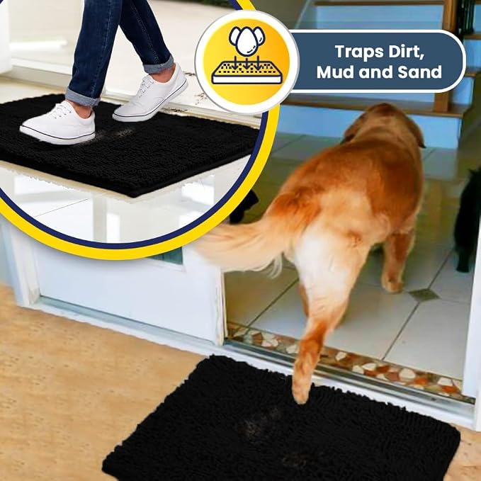 Muddy Mat® | Super Water Absorbent Door Mat Indoor, Microfiber Quick Dry Chenille Entryway Rug, Slip Resistant Front Door Mat, Indoor Mats for Entryway, Machine Washable Pet Rug, Black 30" x 48"