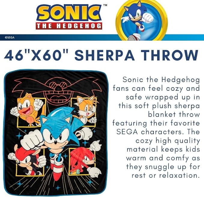 Franco Sonic the Hedgehog Kids Bedding Soft Plush Sherpa Blanket Throw, 50 in x 60 in, (Officially Licensed Product)