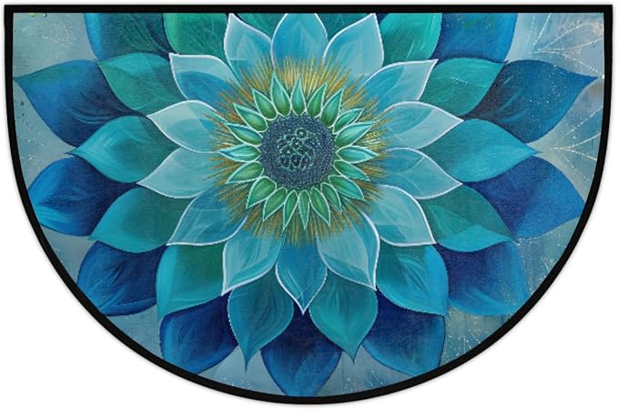 Mandala Half Round Doormat Non-Slip Semi Circle Rug Half Moon Mat | Teal Ethnic Flower Washable Soft Absorbent Indoor Outdoor Entrance Kitchen Bathroom Sink Patio Welcome Fireplace Floor Rug