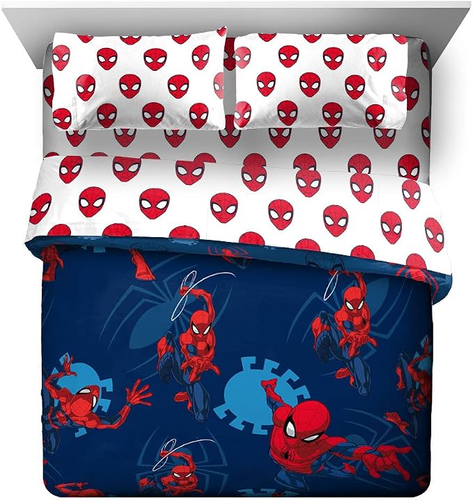 Marvel Spiderman Queen Comforter Set 5 Piece Kids Bedding for Boys, Blue | Bed in a Bag, Comforter Sheets Pillowcases, Official Product, Soft Microfiber, Machine Washable, Easy Care, Boys Gift