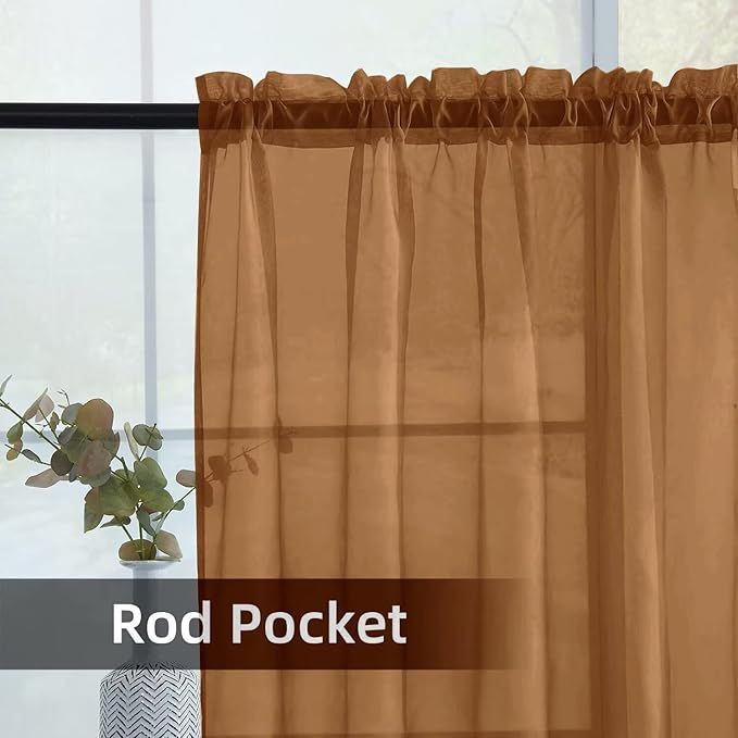 youleyar Solid Sheer Rod Pocket Curtain Voile Draperies 2 Panels White Beige Black Grey Ivory 52 Inch Width 108 Inch Long 1 Pair for Kitchen Bedroom Children Living Room Yard (Light Brown,52Wｘ108L)