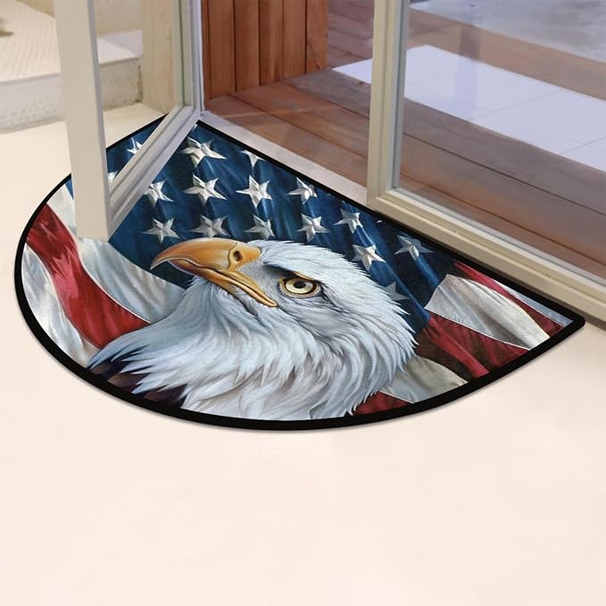 Pardick Flag and Eagles Half Round Doormat Semi Circle Rug Non Slip Indoor Outdoor Entrance Half Moon Rug Absorbent Durable Washable Front Floor Mat for Kitchen Bathroom Patio Fireplace