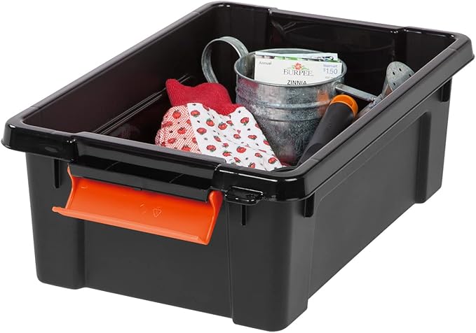 IRIS USA 5-Pack 3 Gal Heavy Duty Lockable Storage Totes with lids, Orange | Built for tools, hardware, emergency supplies and small equipment, Stackable design keeps spaces organized