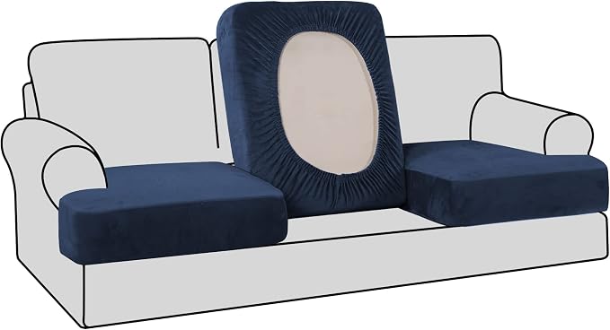 H.VERSAILTEX Stretch Velvet 3 Piece T Cushion Sofa Slipcovers Individually Sofa Cushion Covers for 3 Cushion Couch Seat Cushion Covers for Sofa Seat Cushion Covers Stay in Place(Sofa, Navy)