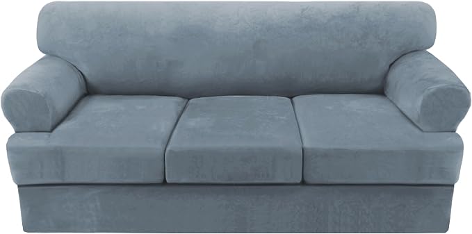 H.VERSAILTEX Sofa Cover 4 Piece T Cushion Sofa Slipcovers Thick Velvet Couch Cover Furniture Protector Stretch Sofa Covers for 3 Cushion Couch with 3 Individual Covers Washable, Stone Blue
