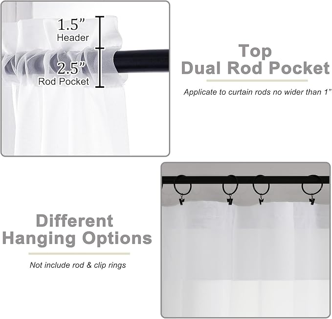 White Sheer Curtains 84 Inches Long 2 Panels Set for Bedroom Living Room, Soft Airy Light Filtering Modern Solid Rod Pocket Drapes Window Treatments, White, Each 42" W x 84" L