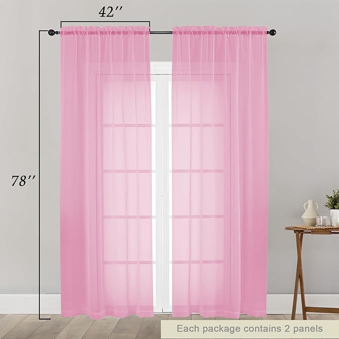 Pink Sheer Curtain for Bedroom Living Room 78 Inches Long 2 Panels Set - Image 2